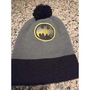 Batman Beanie Hat Boys One Size Gray Black Pom Pom Superhero Knit Cap